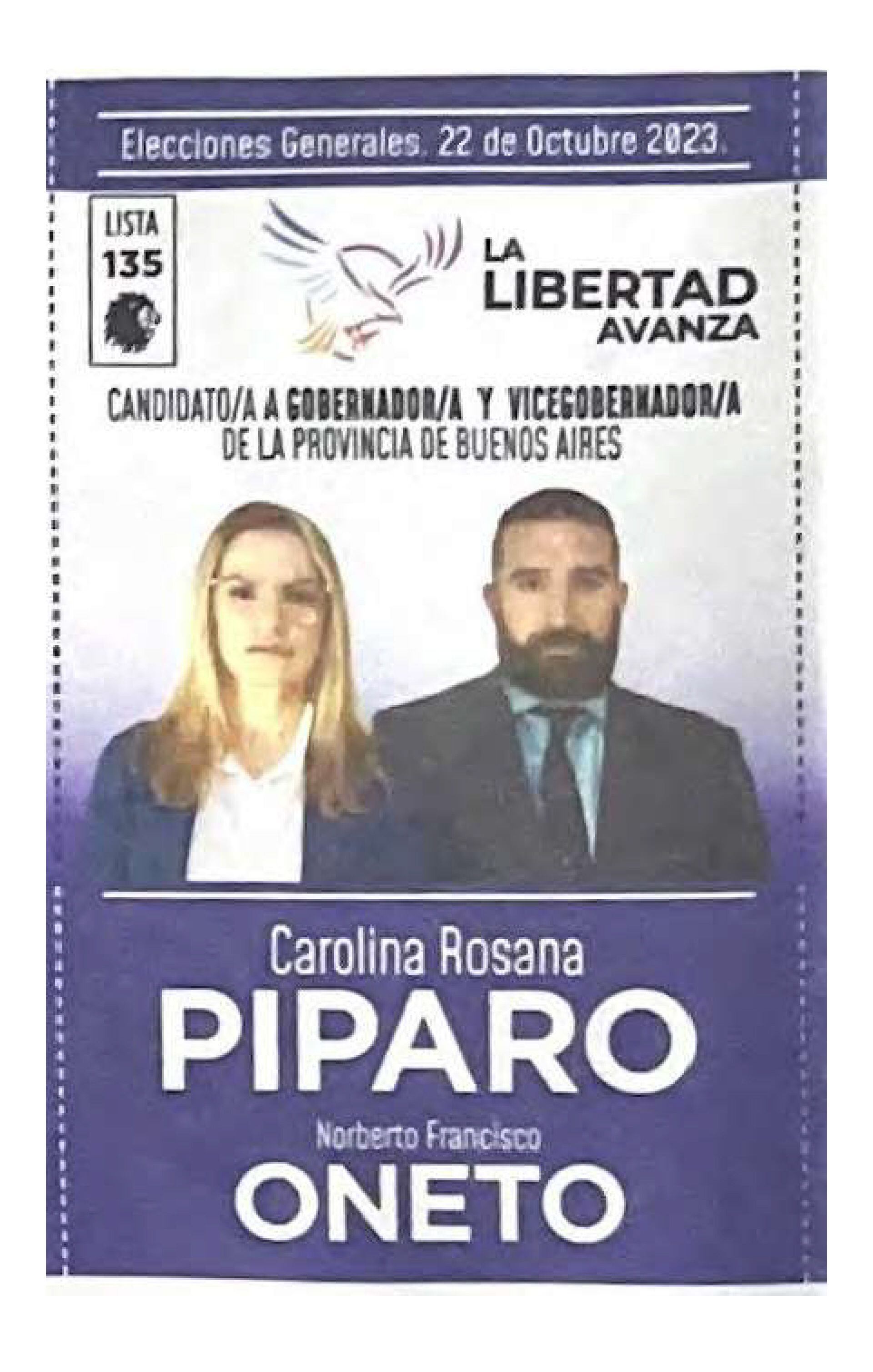 La boleta de La Libertad Avanza para las elecciones a gobernador en la provincia de Buenos Aires.