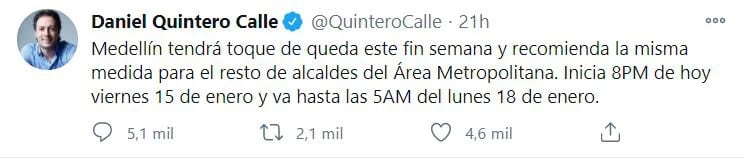 El tweet de Quintero ocasionó polémica en la ciudadanía.