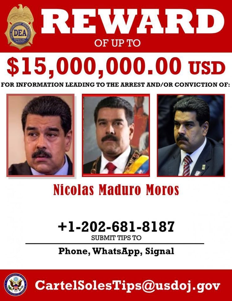 El afiche de la recompensa ofrecida por la captura de Maduro