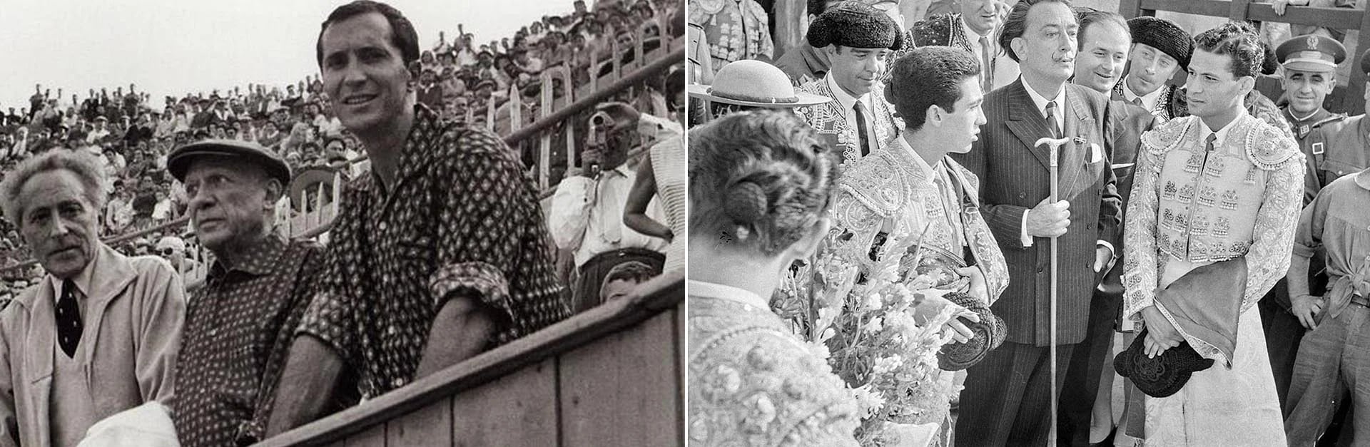 Izq: Jean Cocteau. Pablo Picasso y el torero Luis Miguel Dominguín en Málaga. Der: Salvador Dalí en la plaza de Figueres