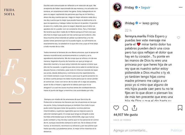 Frida Sofía publicó un comunicado pidiendo disculpas por su reacción (Foto: Instagram)