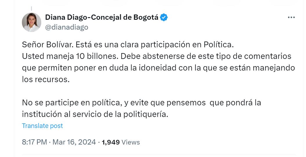 Diana Diago denunció presunta participación política por parte de Gustavo Petro - crédito @dianadiago/X