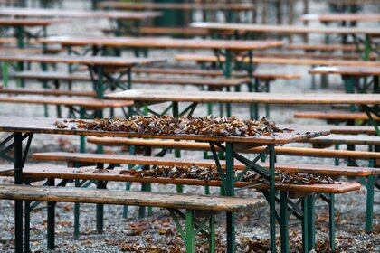 Un patio cervecero cerrado en Berlín acumula hojas secas de otoño sobre sus mesas (REUTERS/Andreas Gebert)