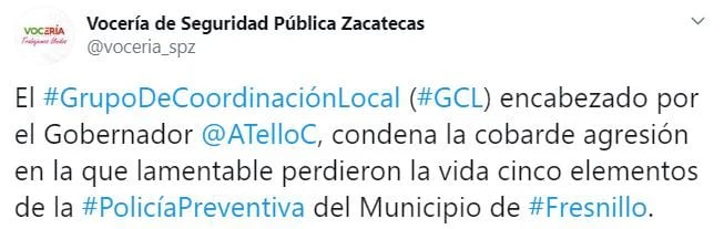 La Vocería de Seguridad Pública Zacatecas condenó el ataque contra los policías (Foto: Twitter/voceria_spz)