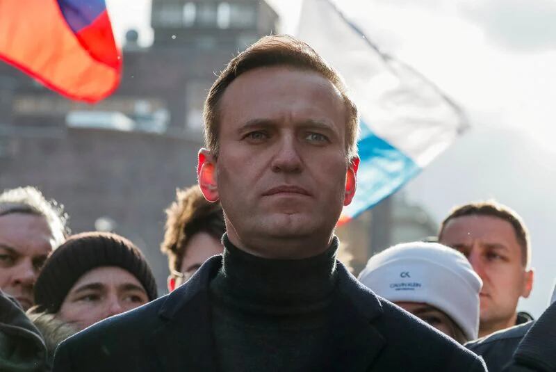 El opositor ruso Alexei Navalny durante una marcha de conmemoración del 5º aniversario del asesintato del opositor Boris Nemtsov, el 29 de febrero de 2020 (Reuters)