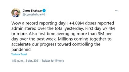 El tuit de Cyrus Shahpar, director de datos de Covid-19 en la Casa Blanca, 
