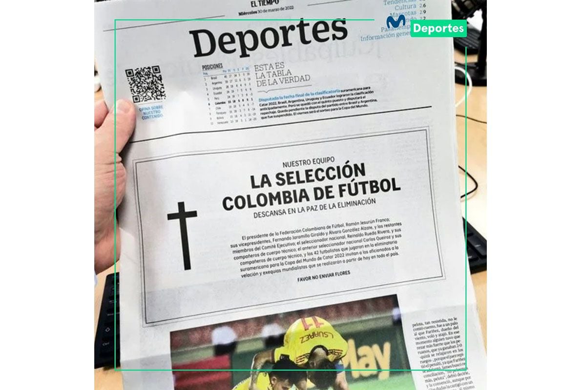 Cover of 'El Tiempo' after failure of Colombia's national team in Qatar 2022 Qualifiers | Photo: Movistar Deportes