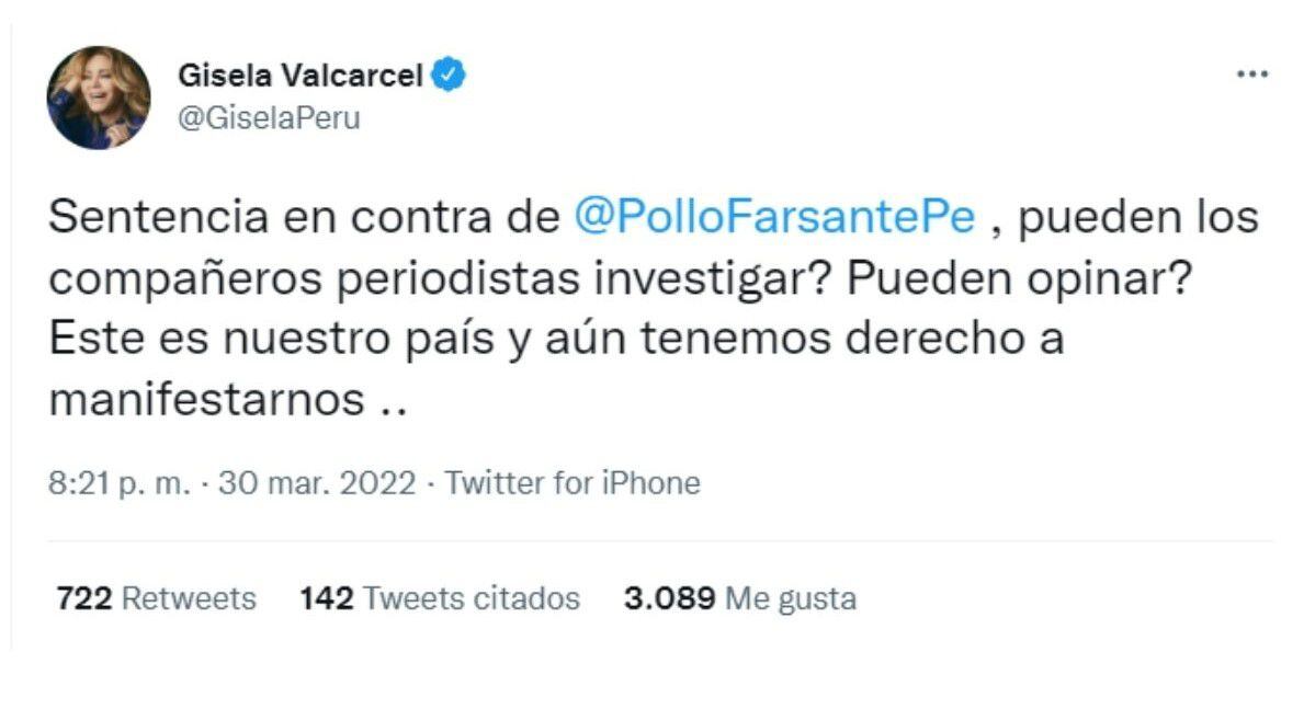 Gisela Valcárcel's post in favor of Beto Ortiz. (Photo: Twitter)