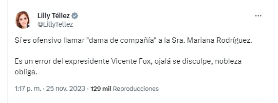 La senadora del PAN lamentó el ataque hecho por Vicente Fox (X/@LillyTellez)
