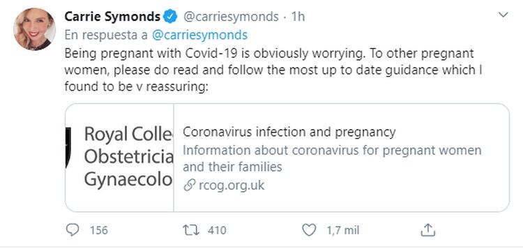 Además, Carrie Symonds compartió las recomendaciones de expertos para embarazadas con coronavirus 