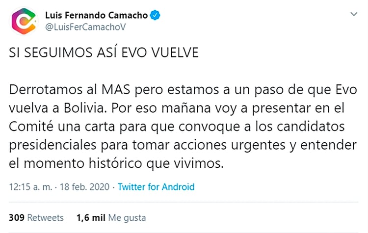 El tuit de Luis Fernando Camacho