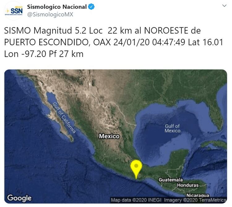 Se registró un sismo en dos lugares distintos de Oaxaca: Puerto Escondido y Río Grande