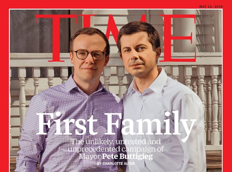 La revista Time le dedicó la portada a su precandidatura, con una foto en la que Pete Buttigieg se muestra con su esposo Chasten Glezman.