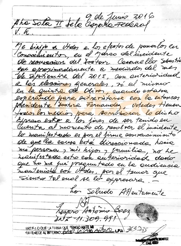 La carta manuscrita que Lázaro Báez envió a la Cámara Federal en la que habla de la reunión con Casanello y Cristina Kirchner.