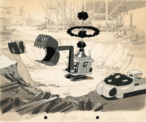 Mickey Mouse opara el corto animado “Construyendo una Construcción” de 1933 (Cortesia Archivos de Walt Disney)