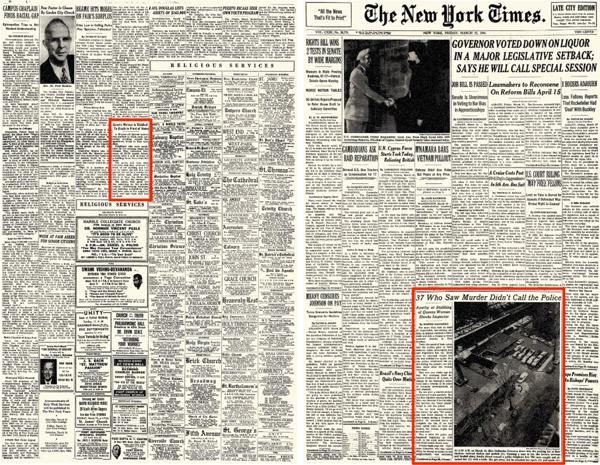 La portada de The New York Times del 27 de marzo de 1964. “37 que vieron un asesinato y no llamaron a la Policía”, se lee en el titular remarcado