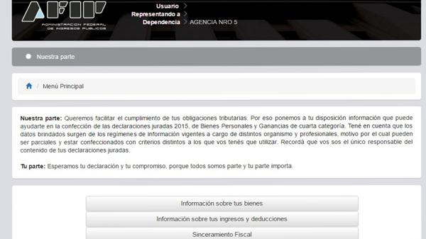 El menú principal dentro de Nuestra parte se divide en tres secciones dentro de la web de la AFIP.