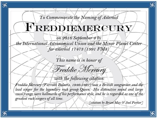 El certificado en el que consta que el asteroide 17473 pasará a llamarse Freddiemercury, en homenaje al músico