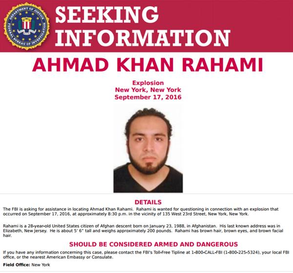 Aviso de búsqueda de Ahmad Khan Rahami difundido por el FBI