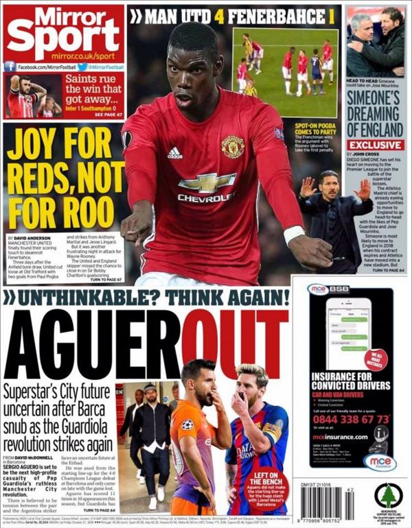 La tapa de Mirror Sport que marca la salida de Sergio Agüero del Manchester City