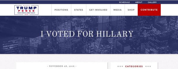 “Voté por Hillary”, una de los tantos textos que introdujeron los hackers en el sitio de campaña de Donald Trump.