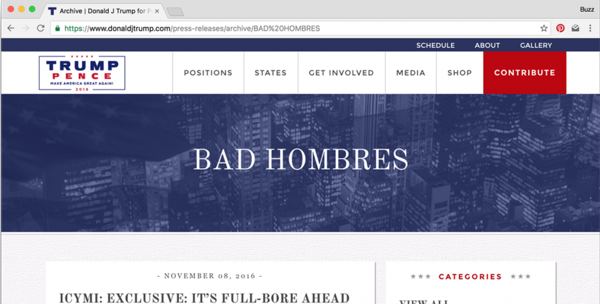 “Hombres malos”, la despectiva expresión de Donald Trump sobre los mexicanos fue uno de los textos que los hackers pusieron en el header del sitio de Trump.