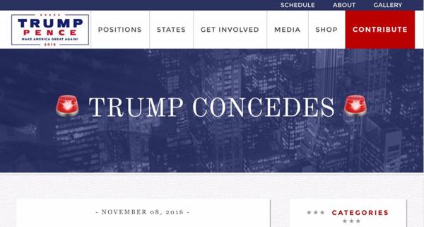 “Trump se da por vencido” se lee en el header hackeado.