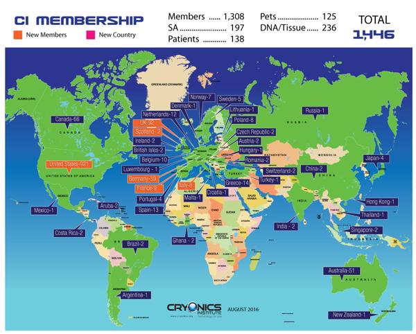 La procedencia de los 1446 miembros del instituto que congeló a JS, incluyendo 143 que se encuentran criopreservados (Cryonics institute)