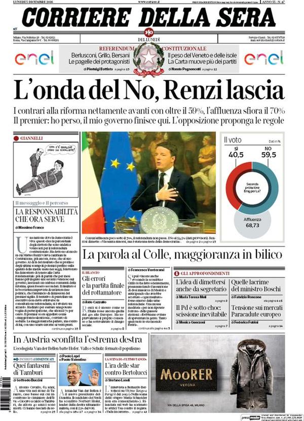 El milanés Corriere della Sera destaca la “ola del No” y la renuncia de Renzi
