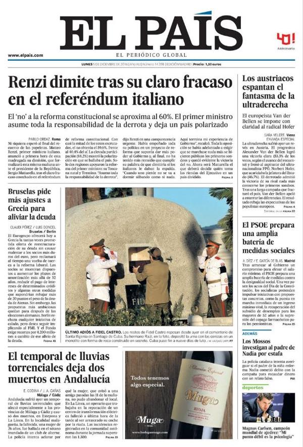 “Renzi dimite tras su claro fracaso en el referéndum italiano”, dice El País de España