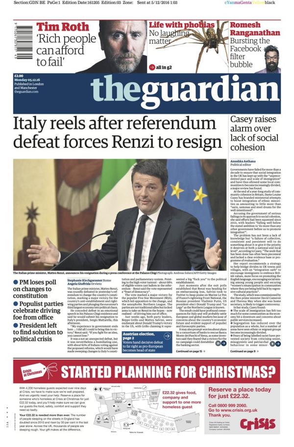 The Guardian, en Inglaterra, titula con la confusión en Italia tras la renuncia de Renzi