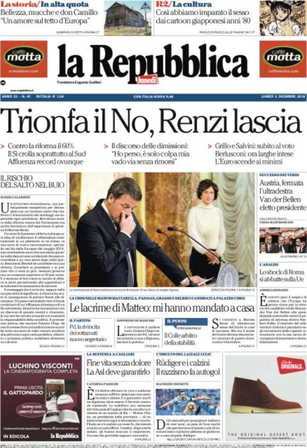 En Roma, La Repubblica tituló con el triunfo del “No” y una foto de la pareja presidencial