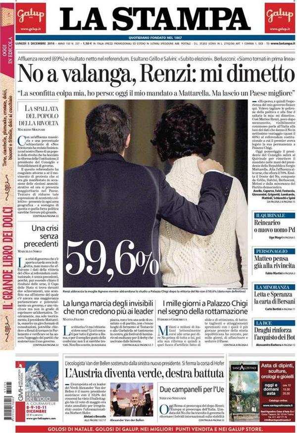 La Stampa, de Turín, con la espalda de Renzi y su esposa y el porcentaje de la victoria del “No”