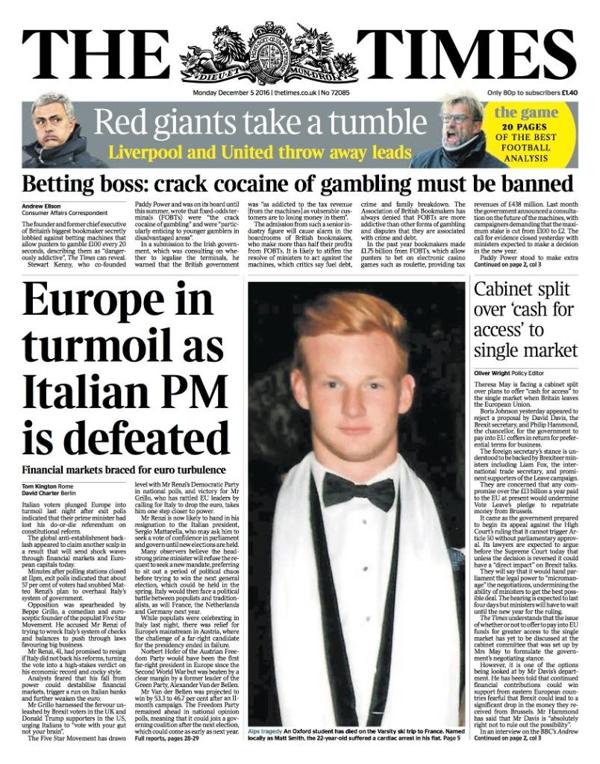 Para el Times de Londres, Europa está “trastornada” por la derrota del premier italiano