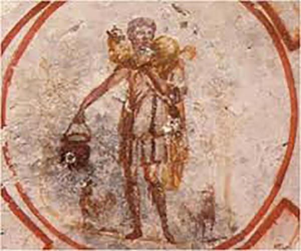 Jesús, como el buen pastor, un joven con un cordero sobre los hombros. Fresco del siglo III hallado en la Catacumba de Priscila