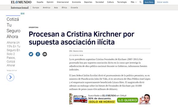 El Mundo fue el primer medio español en informar sobre el traspié judicial de la ex presidente argentina
