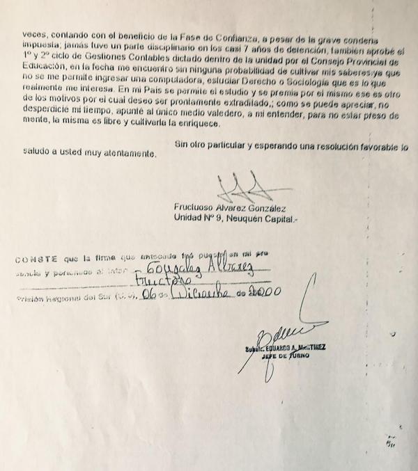 La carta por la cual el múltiple asesino solicitó, en el año 2000, cumplir su condena en España. Apenas fue liberado, regresó a la Argentina