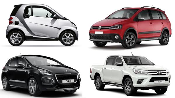 Los modelos de los autos de los que se pidió el secuestro: Peugeot 3008, Volkswagen Suran Cross (2), Smart, Toyoya Hilux, Fiat 500 (3)