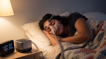 Una mujer joven duerme en una cama, usa mascarilla CPAP conectada a una máquina, con un reloj digital y una lámpara en la mesita de noche.
