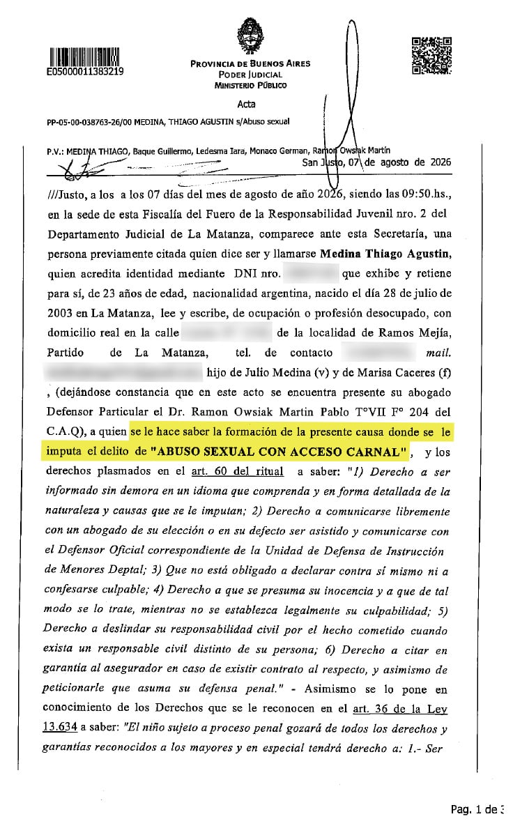 El fiscal Juan Pablo Volpicina y el juez Gustavo Indovino están a cargo de la investigación contra Thiago Medina
