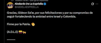 Abelardo De La Espriella agradeció las felicitaciones de Gideon Sa’ar y reiteró su compromiso de estrechar la relación bilateral entre Colombia e Israel - crédito Abelardo de la Espriella/X