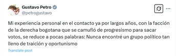 El presidente criticó la postura de la representante, al recordar que fue una de las figuras políticas que acompañó su candidatura presidencial en 2022 - crédito @petrogustavo/X