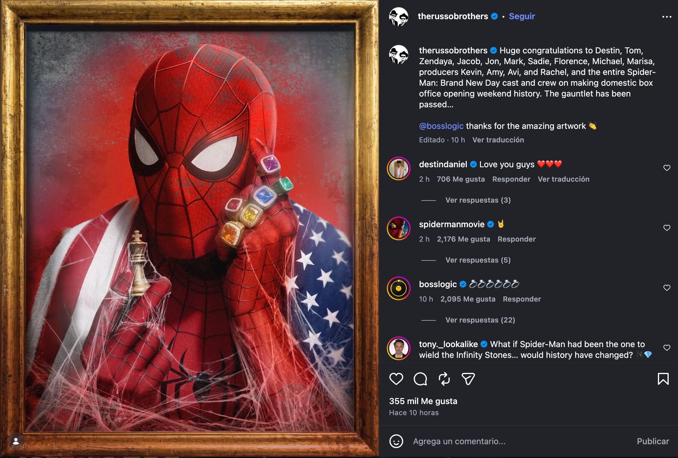 Los hermanos Russo felicitaron en Instagram al equipo de la película y afirmaron que “el guantelete ha sido pasado” tras el nuevo récord de taquilla (Créditos: Instagram/therussobrothers)
