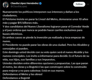 Claudia López arremetió contra Gustavo Petro por la primera línea del metro de Bogotá- crédito @ClaudiaLopez/ X