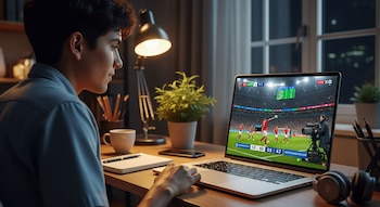 Joven latino de perfil viendo un partido de fútbol en vivo en su laptop. Está en un escritorio con lámpara, planta, café, cuaderno y audífonos, de noche.