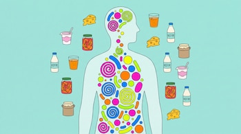 Una figura humana estilizada con torso transparente contiene formas geométricas de colores brillantes; la rodean íconos de yogur, kéfir, kimchi, kombucha, chucrut y queso.
