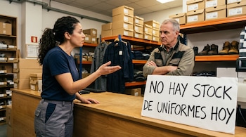Una mujer habla con un hombre tras un mostrador con estantes de cajas y un cartel que indica No hay stock de uniformes hoy.