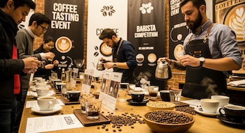 Mesa de degustación de café con varias tazas y vasos, granos de café Geisha en cuencos. Baristas vierten café para clientes, con carteles de eventos de cata de fondo.