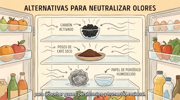 Ilustración de un refrigerador abierto con carbón activado, posos de café seco y papel de periódico humedecido en estantes para neutralizar olores y humedad.