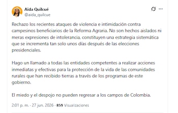A ex-candidata à vice-presidência Aida Quilcué negou os ataques e intimidações aos agricultores beneficiados pela Reforma Agrária - crédito @aida_quilcue/X